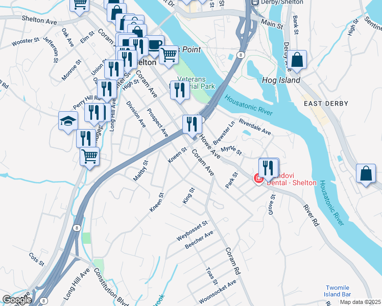 map of restaurants, bars, coffee shops, grocery stores, and more near 164 Coram Avenue in Shelton