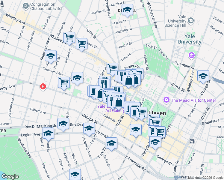 map of restaurants, bars, coffee shops, grocery stores, and more near 16 Lynwood Place in New Haven