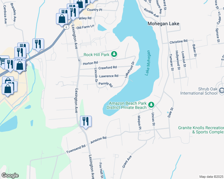 map of restaurants, bars, coffee shops, grocery stores, and more near 1736 Parmly Road in Mohegan Lake