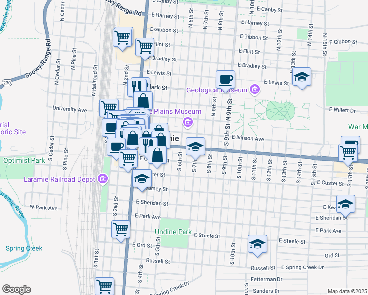 map of restaurants, bars, coffee shops, grocery stores, and more near 618 Grand Avenue in Laramie