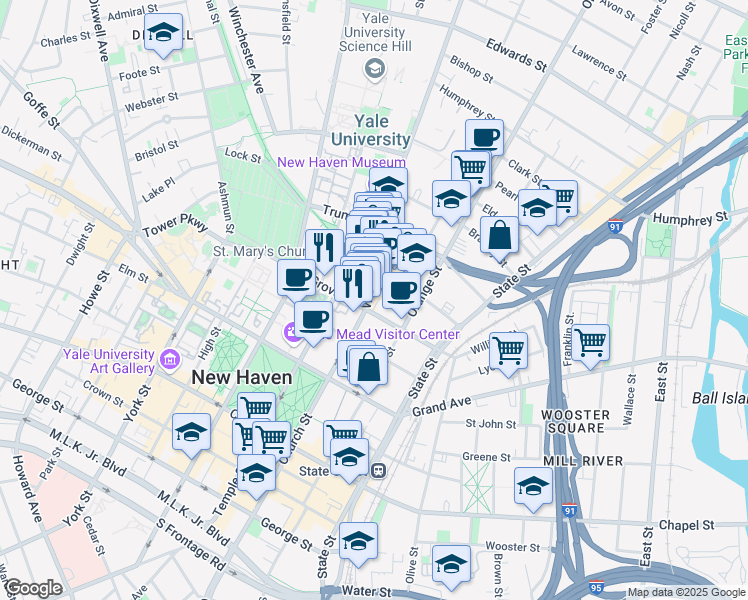 map of restaurants, bars, coffee shops, grocery stores, and more near 15 Whitney Avenue in New Haven