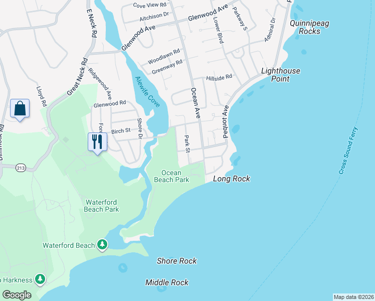 map of restaurants, bars, coffee shops, grocery stores, and more near 21 Park Street in New London