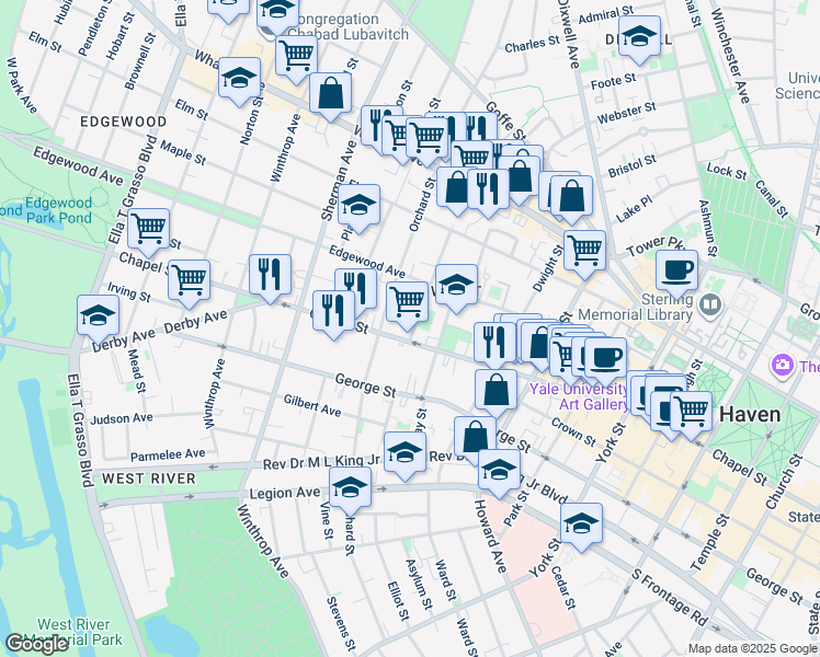 map of restaurants, bars, coffee shops, grocery stores, and more near 365 Orchard Street in New Haven