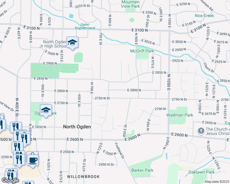 map of restaurants, bars, coffee shops, grocery stores, and more near 819 East 2800 North in North Ogden