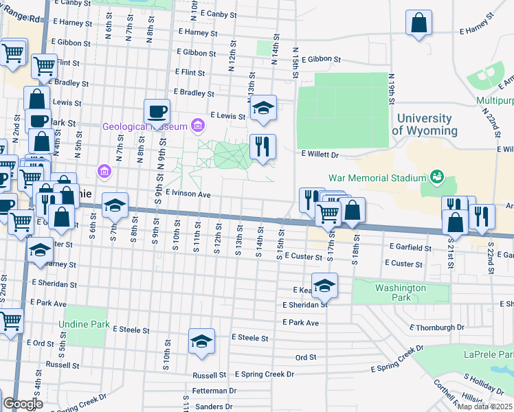 map of restaurants, bars, coffee shops, grocery stores, and more near 1000 East University Avenue in Laramie