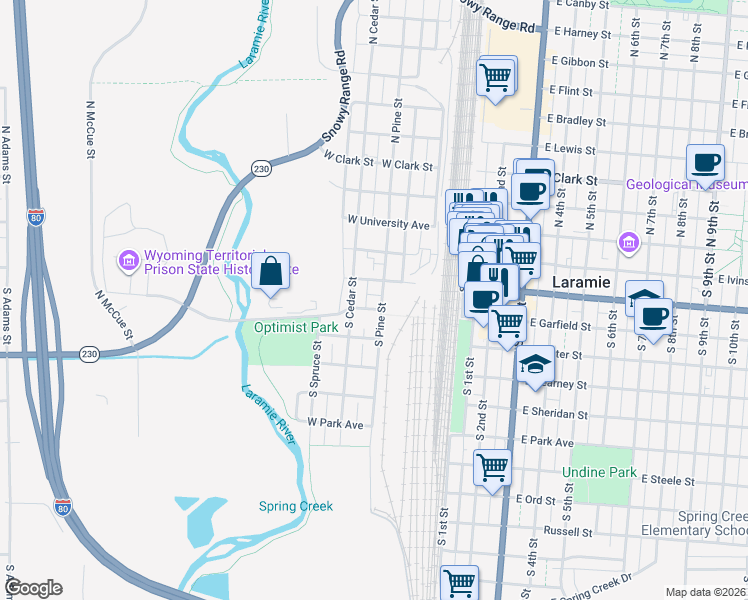 map of restaurants, bars, coffee shops, grocery stores, and more near 356 West Grand Avenue in Laramie