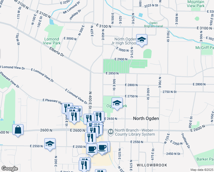 map of restaurants, bars, coffee shops, grocery stores, and more near 2820 North 450 East in Ogden