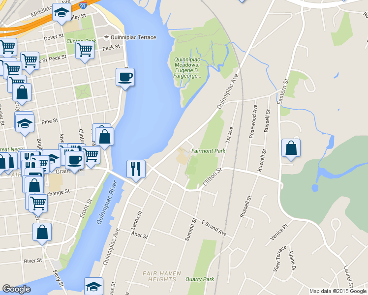 map of restaurants, bars, coffee shops, grocery stores, and more near 838 Quinnipiac Avenue in New Haven