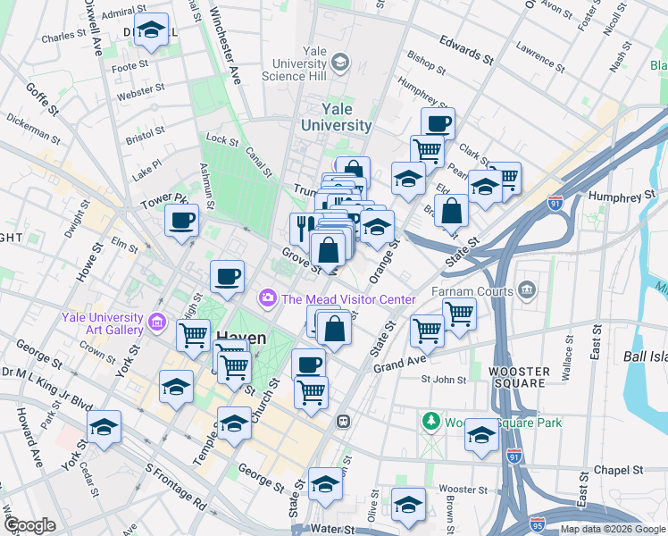 map of restaurants, bars, coffee shops, grocery stores, and more near 18 Temple Court in New Haven