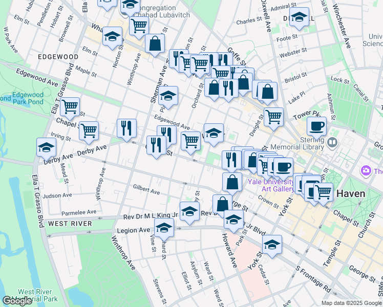 map of restaurants, bars, coffee shops, grocery stores, and more near 365 Orchard Street in New Haven
