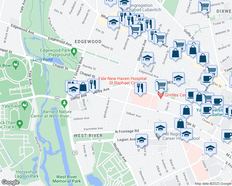 map of restaurants, bars, coffee shops, grocery stores, and more near 22 Derby Avenue in New Haven