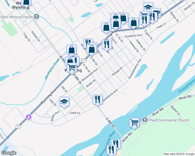 map of restaurants, bars, coffee shops, grocery stores, and more near 266 Monument Avenue in Wyoming