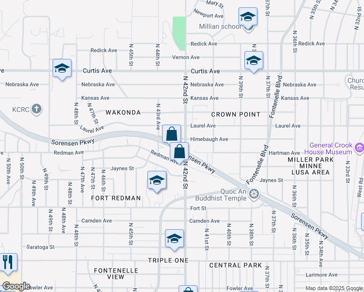 map of restaurants, bars, coffee shops, grocery stores, and more near 5802 North 42nd Street in Omaha