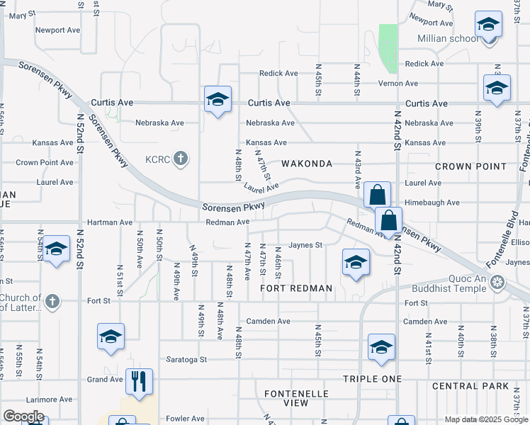 map of restaurants, bars, coffee shops, grocery stores, and more near 4705 Laurel Avenue in Omaha
