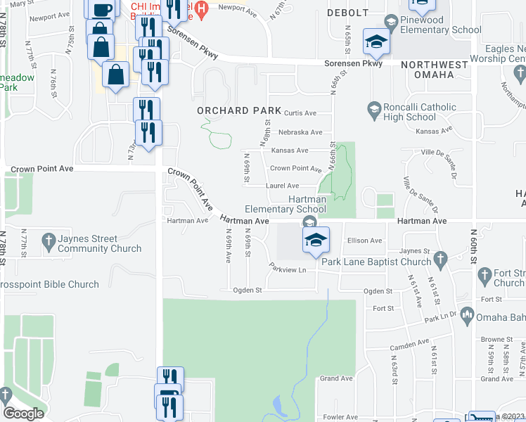 map of restaurants, bars, coffee shops, grocery stores, and more near 6817 Laurel Avenue in Omaha