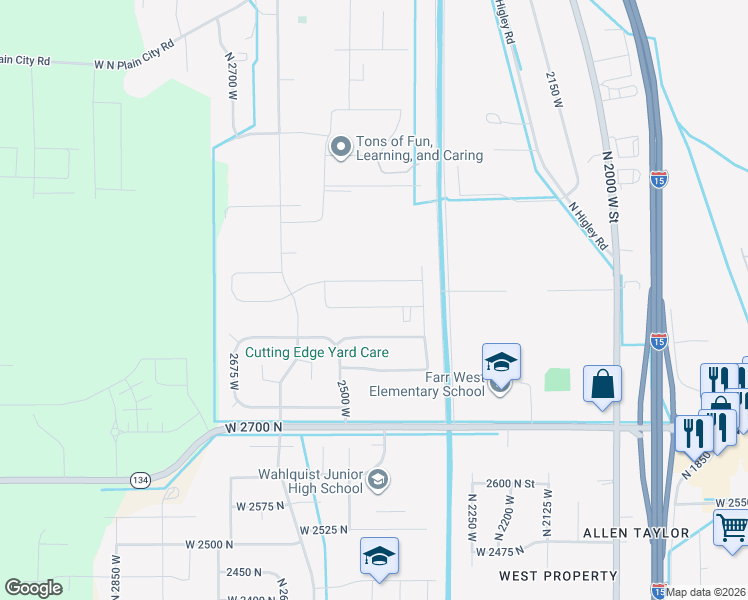 map of restaurants, bars, coffee shops, grocery stores, and more near 2442 West 2850 North in Farr West