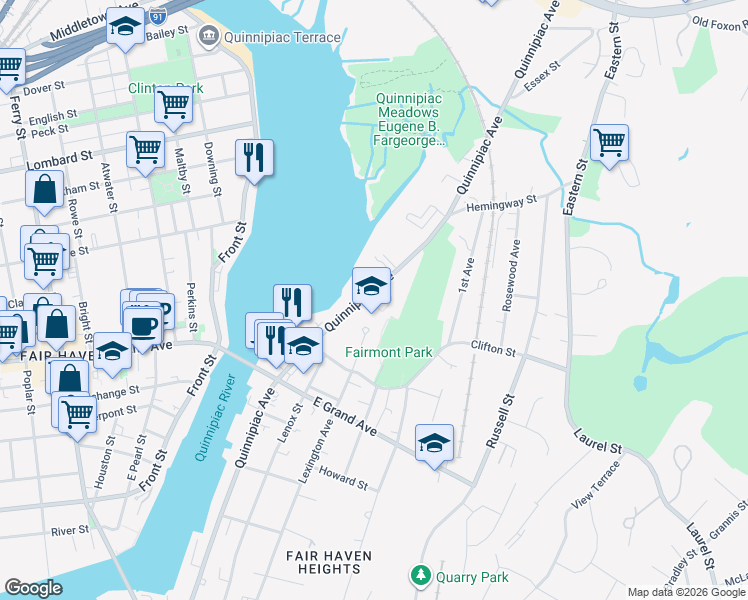 map of restaurants, bars, coffee shops, grocery stores, and more near 838 Quinnipiac Avenue in New Haven