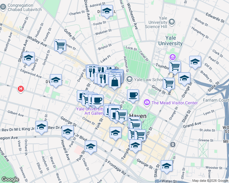 map of restaurants, bars, coffee shops, grocery stores, and more near 3 Broadway in New Haven
