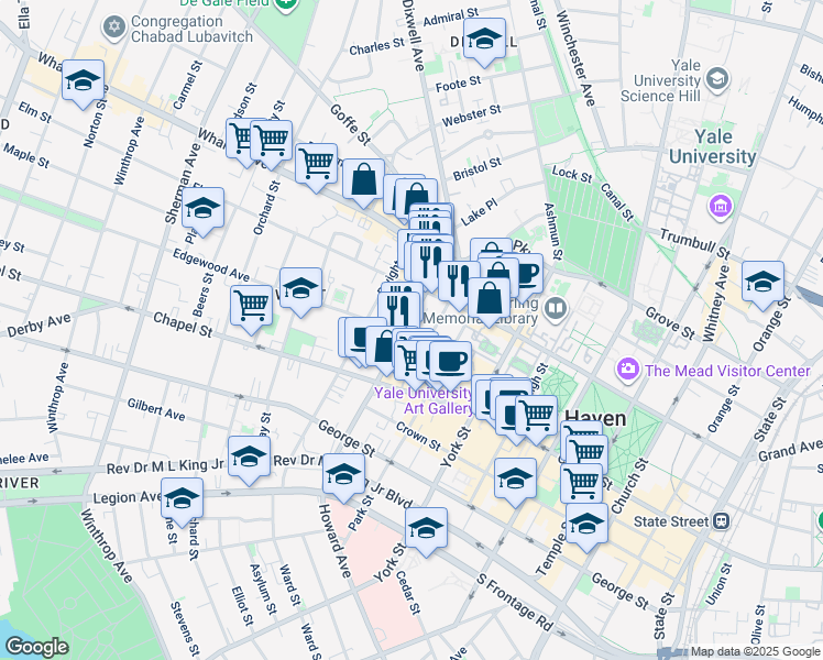 map of restaurants, bars, coffee shops, grocery stores, and more near 95 Howe Street in New Haven