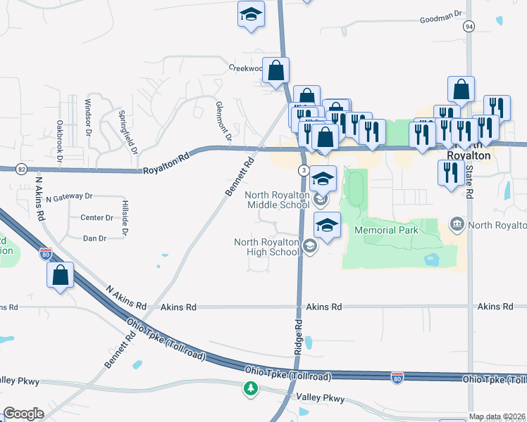 map of restaurants, bars, coffee shops, grocery stores, and more near 14511 Cross Creek Lane in North Royalton