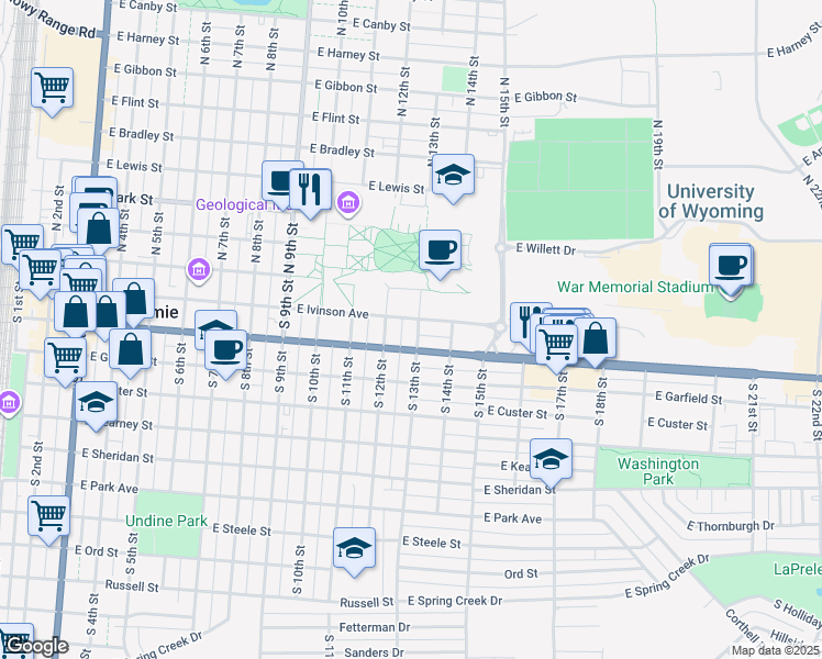 map of restaurants, bars, coffee shops, grocery stores, and more near 210 South 13th Street in Laramie