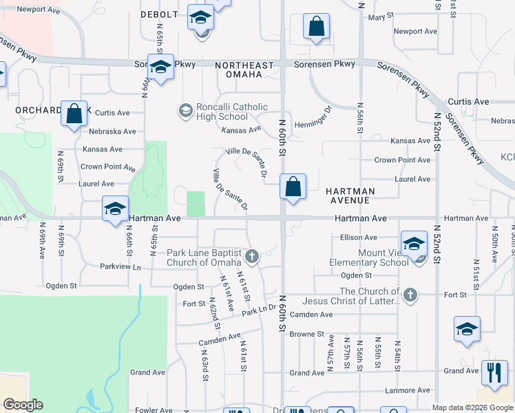 map of restaurants, bars, coffee shops, grocery stores, and more near 6250 Ville De Sante Drive in Omaha