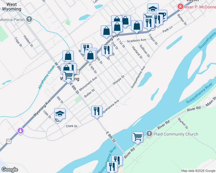 map of restaurants, bars, coffee shops, grocery stores, and more near 101 E 6th St in Wyoming