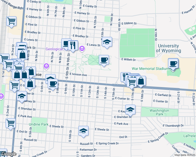 map of restaurants, bars, coffee shops, grocery stores, and more near 1216 East Ivinson Avenue in Laramie