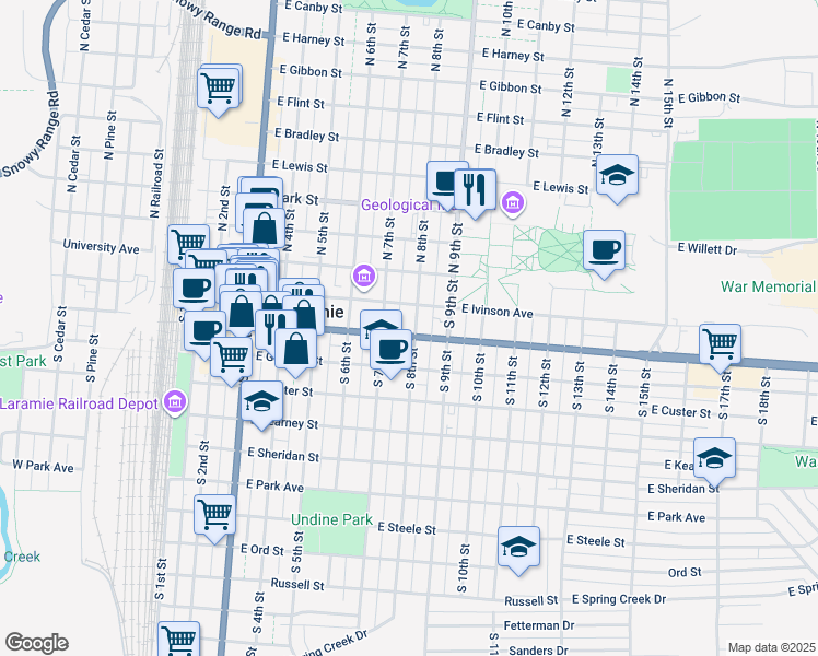 map of restaurants, bars, coffee shops, grocery stores, and more near in Laramie