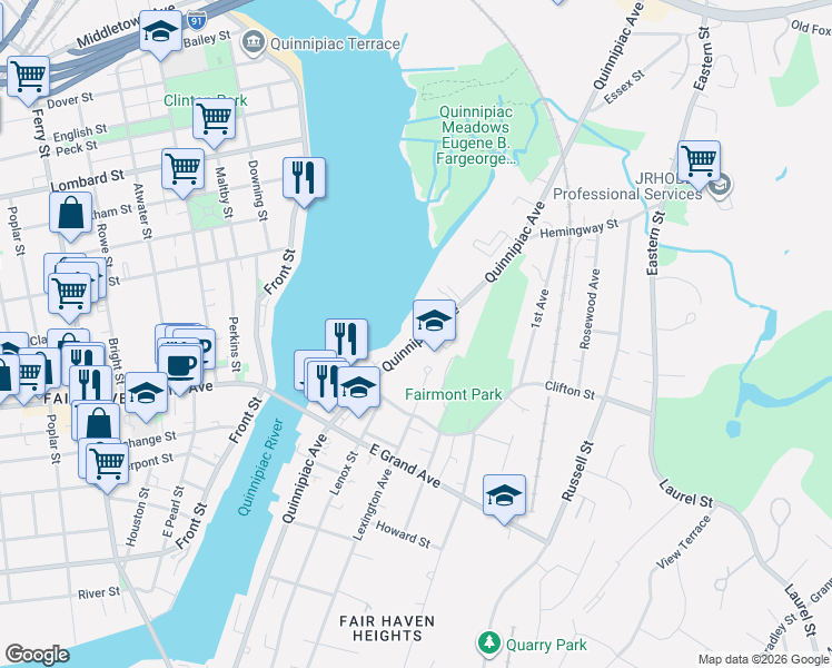 map of restaurants, bars, coffee shops, grocery stores, and more near 800 Quinnipiac Avenue in New Haven