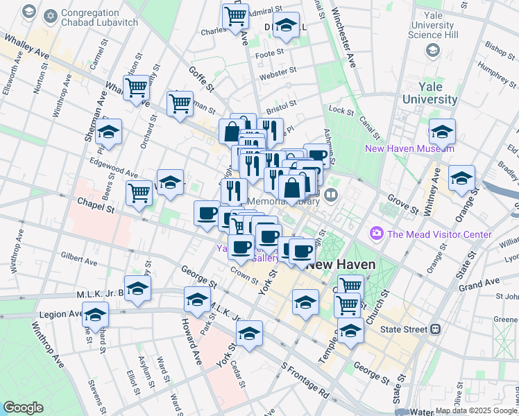 map of restaurants, bars, coffee shops, grocery stores, and more near 356 Elm Street in New Haven