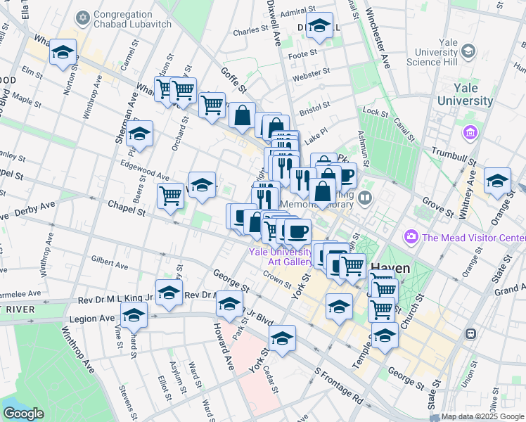 map of restaurants, bars, coffee shops, grocery stores, and more near 100 Howe Street in New Haven