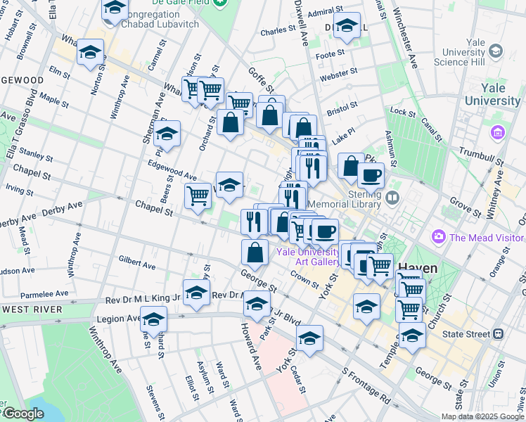 map of restaurants, bars, coffee shops, grocery stores, and more near 91 Edgewood Avenue in New Haven