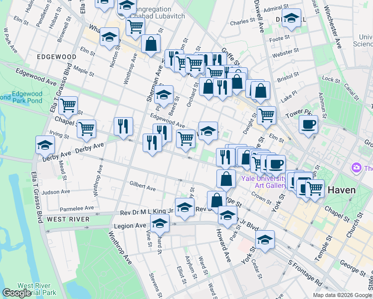 map of restaurants, bars, coffee shops, grocery stores, and more near 365 Orchard Street in New Haven