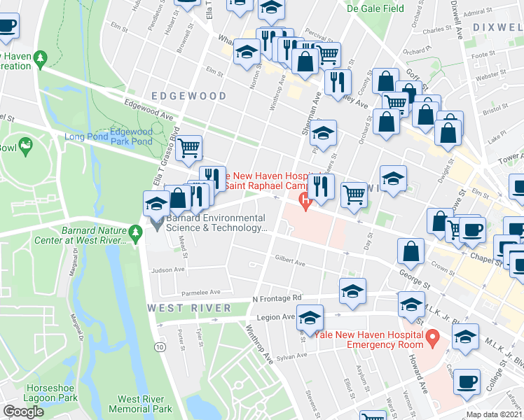 map of restaurants, bars, coffee shops, grocery stores, and more near 22 Derby Avenue in New Haven