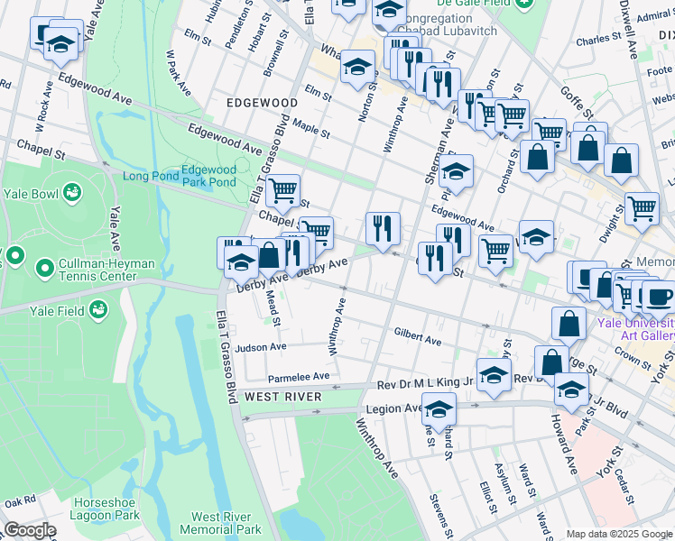 map of restaurants, bars, coffee shops, grocery stores, and more near 59 Derby Avenue in New Haven