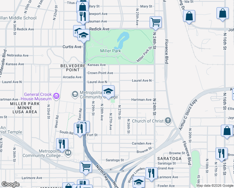 map of restaurants, bars, coffee shops, grocery stores, and more near 5810 North 27th Street in Omaha