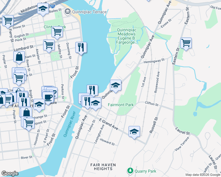 map of restaurants, bars, coffee shops, grocery stores, and more near 800 Quinnipiac Avenue in New Haven