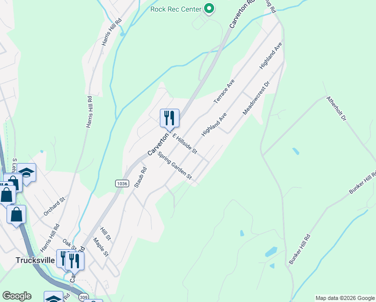 map of restaurants, bars, coffee shops, grocery stores, and more near 171-179 E Hillside St in Back Mountain