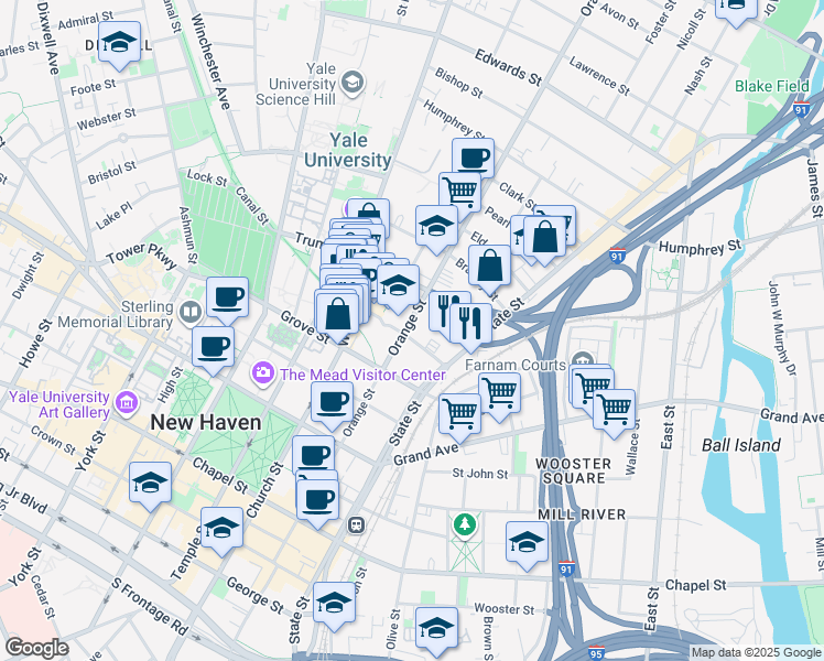 map of restaurants, bars, coffee shops, grocery stores, and more near 405 Orange Street in New Haven