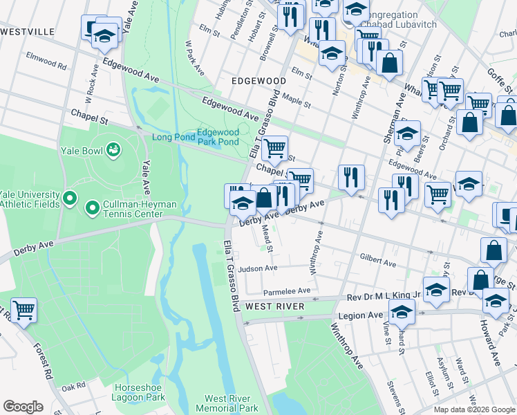 map of restaurants, bars, coffee shops, grocery stores, and more near 38 Ellsworth Avenue in New Haven