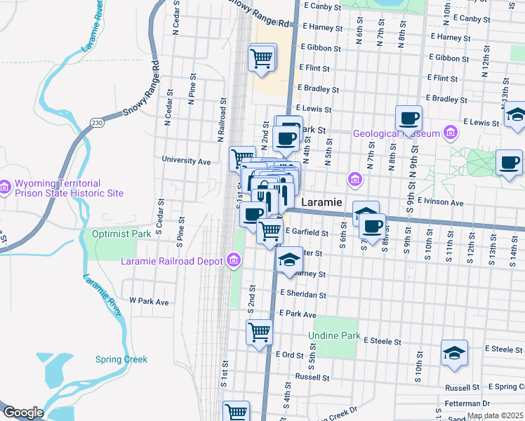 map of restaurants, bars, coffee shops, grocery stores, and more near 210 South 3rd Street in Laramie