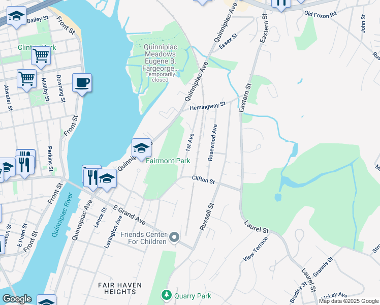 map of restaurants, bars, coffee shops, grocery stores, and more near 45 Hemingway Street in New Haven