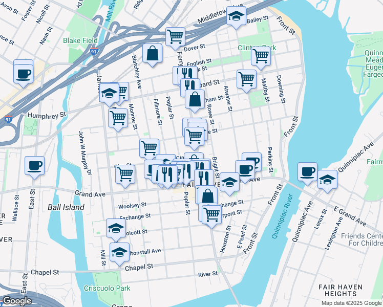 map of restaurants, bars, coffee shops, grocery stores, and more near 349 Poplar Street in New Haven