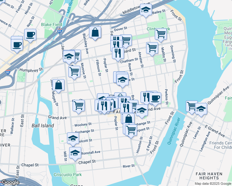 map of restaurants, bars, coffee shops, grocery stores, and more near 349 Poplar Street in New Haven