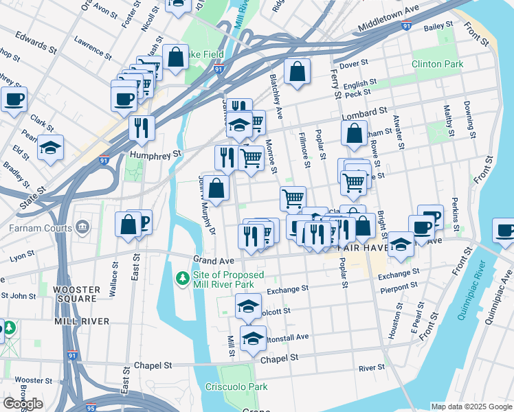 map of restaurants, bars, coffee shops, grocery stores, and more near 12 Main Street in New Haven