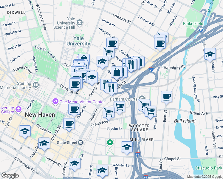 map of restaurants, bars, coffee shops, grocery stores, and more near 20 Trumbull Street in New Haven
