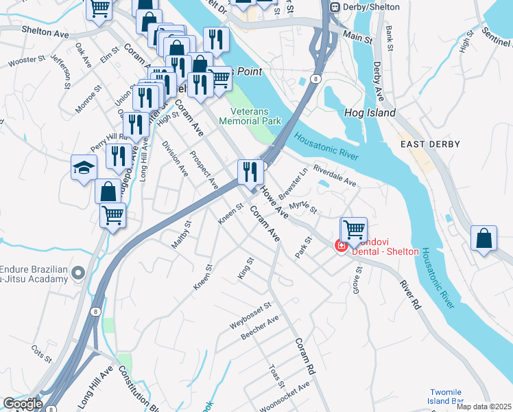 map of restaurants, bars, coffee shops, grocery stores, and more near 19 Kneen Street in Shelton