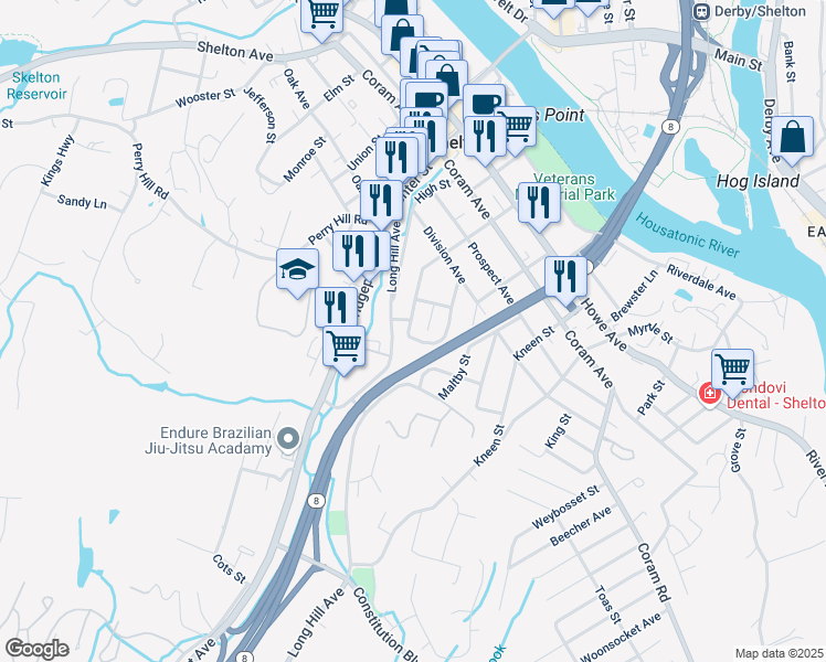 map of restaurants, bars, coffee shops, grocery stores, and more near 147 Hill Street in Shelton