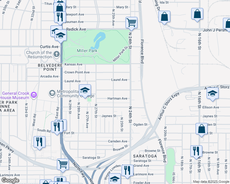 map of restaurants, bars, coffee shops, grocery stores, and more near 2450 Himebaugh Avenue in Omaha